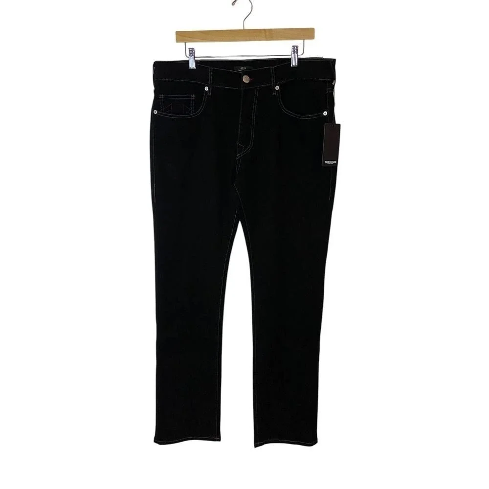 True Religion Ricky Relaxed Straight Jeans Black Rinse Red Stitch Mens 36x34 NEW